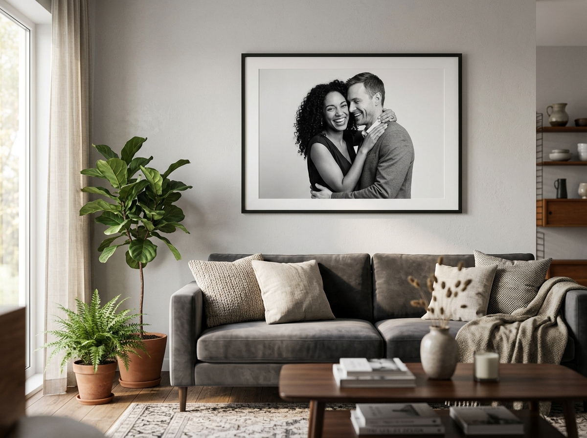 A framed black and white Portrait Station portrait hanging on a living room wall