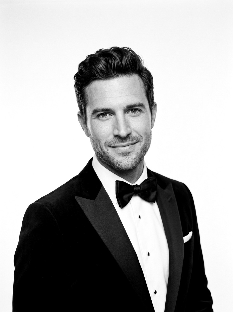 Man in a tuxedo, editorial black and white headshot