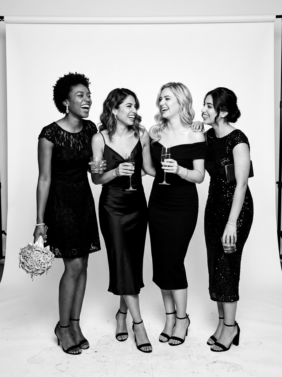 Group of women posing together, black and white studio portrait