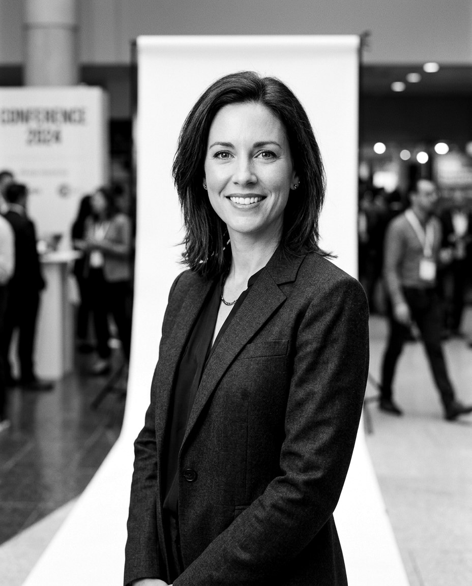 Corporate headshot on a clean backdrop in black and white